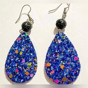 Iridescent Blue Glitter Teardrop Dangle Earrings